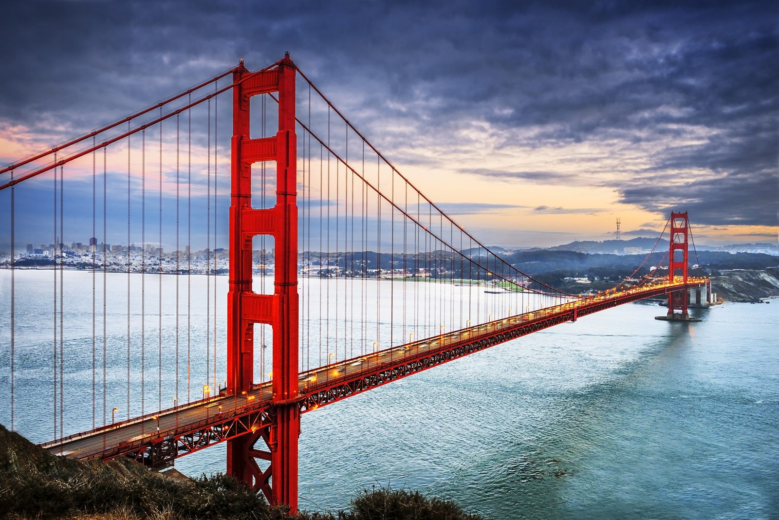 Golden Gate Bridge in San Francisco spanning the bay under dramatic clouds